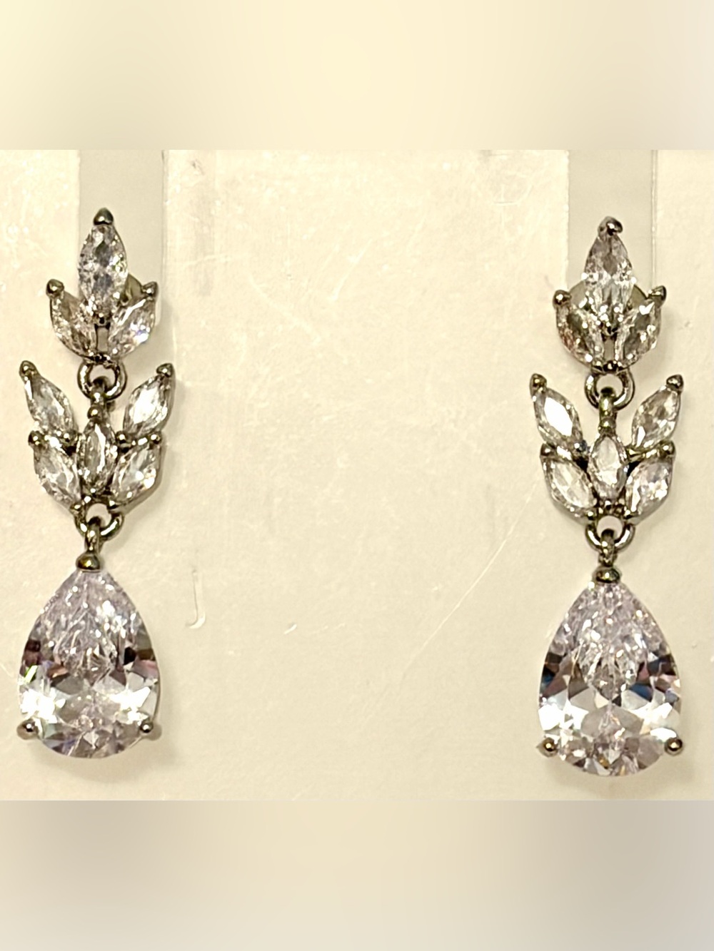 Silver Tone Marquise Leaf & Pear Cut Crystal Drop Earrings